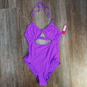 NWT Xhilaration Purple Ribbed One Piece Swimsuit Cutout Halter Large 8-10 target